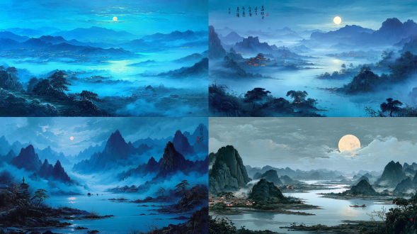 水墨画，夜色，月光，河流，远处绵绵的山峦，人间仙境，雾气蒙蒙，仙境，秀美风景，广阔视野，超高清超广角，大面积天空，唯美意境，高清品质