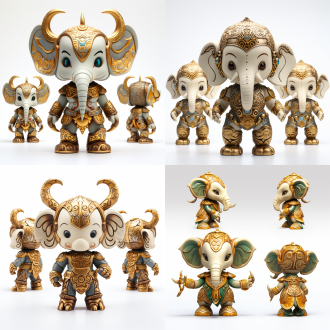 标准三视图绘制，全身，正面，侧面，背面，卡通ip，超级可爱的三星堆青铜大立人像，身穿金色龙纹袍，脚踩大象，白色背景，pop mart，pixar，ip盲盒，粘土材料，柔和颜色，工作室灯光，octane render，3d，c4d，超高清8k，16:9纵横比，高分辨率。