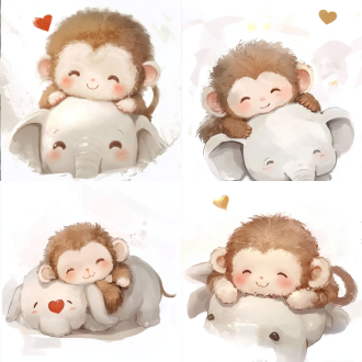 胖胖的毛茸茸的红色桃心脸的猴子，没有尾巴的。趴在白象身上上，可爱顽皮，大胆漫画线条细致线条绘制，动态无背景，可爱卡通的水彩画风格，视觉中心为猴子的俏皮表情，矢量绘制，中心构图，简化透视，活泼可爱感情氛围，暖色调。