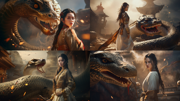 a huge snake is walking next to a beautiful girl general, in ancient china, battle scene, full-body image, in the style of movie still, highly realistic, with the texture of zhang yimou's movies.