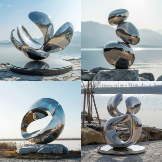 太湖石不锈钢雕塑，现代简约风格，抽象造型，湖边，冷色调，长焦镜头，逆光，反射，金属质感，宁静。