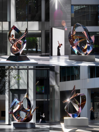 抽象大镂空线条不锈钢彩镀雕塑，现代艺术风格，城市广场，金属质感，彩色镀层，抽象几何形状，阳光下，反射光线，创意设计，视觉冲击，广角镜头，高对比度，侧光，彩色滤镜，几何构图，光影效果，视觉张力。