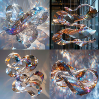 云之幻舞，不锈钢云朵交织，彩色水晶点缀，空灵梦幻，优雅飘逸，广角镜头，柔和光线，虚幻感，自然形态，侧光照明，彩色水晶闪耀，云朵盘旋，光影穿梭，梦幻色彩，空灵氛围。