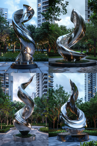 不锈钢飘带雕塑，流线型设计，公园绿地，银色光泽，长焦镜头，柔和自然光，动态弯曲，现代感，优雅，宁静。