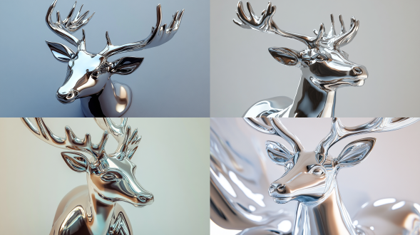 镜面不锈钢鹿雕塑，冷金属质感，3d渲染，金属环，高反射，渐变，干净背景，特写，写实，超现实，quixel megascans渲染，v-ray，微观视角，柔和照明。