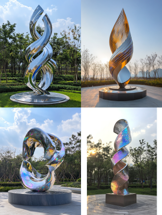 深圳大梅沙海滨公园 大型雕塑 现代抽象艺术风格 不锈钢材质 海浪交织形态 活力开放象征 细腻纹理 光影反射 银色金属光泽 色彩随时间变化 光滑镜面与蚀刻磨砂质感 20 米高 12 米底部直径 内部多色灯光 柔和光晕阴影 彩色贝壳珍珠母贝装饰 蓝色水晶颗粒 金色线条镌刻 蓝牙互动系统 手机信息推送 互动游戏 灯光特效 高调照明