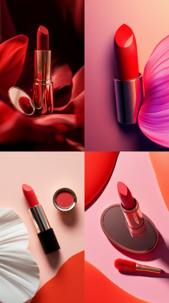 口红管特写，简约背景，时尚布置，化妆刷花瓣小镜子，优雅诱人，电商产品拍摄，鲜艳色调，红色珊瑚色，高细节，突出色彩质感，特写镜头，柔和光线，精致细腻，时尚感，诱人魅力。