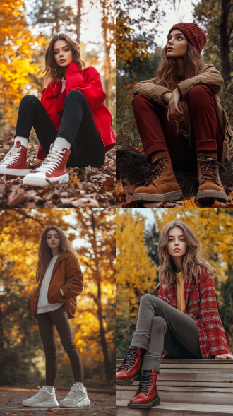 女性模特，户外秋季背景，柔和自然光，时尚休闲鞋，秋季服装，活泼时尚舒适，电商产品拍摄，明亮秋季色调，红色棕色，高细节，休闲鞋设计搭配，标准镜头，自然光照明，动态姿势，时尚表情，舒适感，秋季氛围。