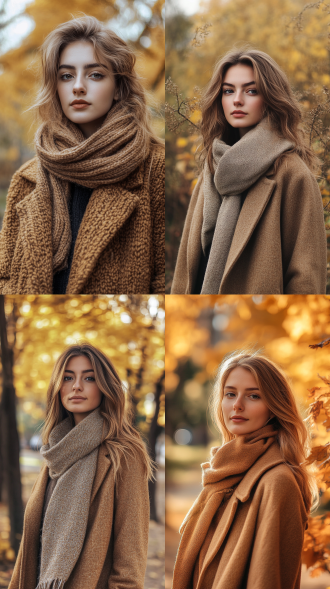 女性模特，户外秋季背景，柔和自然光，秋季外套，围巾，温暖时尚舒适，电商产品拍摄，秋天的温暖色调，金黄棕色，高细节，突出外套质感款式，标准镜头，自然光，侧光，高分辨率，细节丰富，时尚感，舒适感，秋天气息。