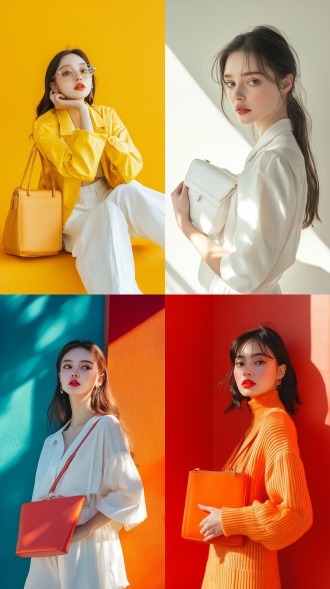 女性模特，时尚电商摄影，简约明亮背景，女性包包道具，清新时尚活力气氛，电商商品拍摄风格，明亮色彩自然光，高细节精致度，突出包包设计质感，标准镜头焦段。