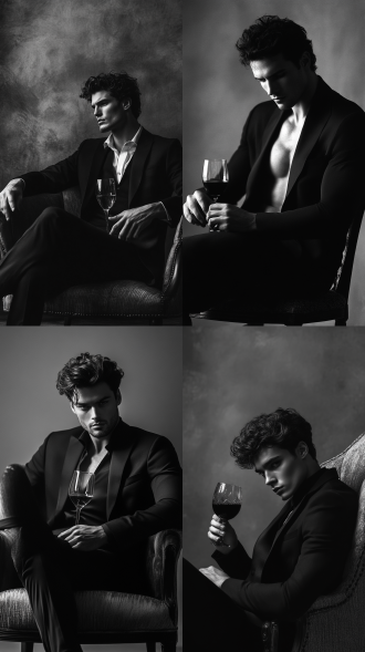 男性模特，室内简约背景，经典椅子酒杯，神秘怀旧戏剧性，黑白电影质感，黑白对比强烈，高细节光影表情，标准镜头，侧光，深沉，凝视，优雅。