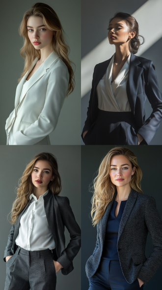 女性模特职业装艺术写真，简约背景，标准镜头，中性色调，灰色白色海军蓝，高细节，突出服装质感，自信干练优雅，职业装，侧光，精致姿态。