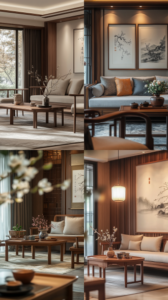 新中式风格客厅，温馨家居，自然光照，木质家具，传统书法，花艺，优雅舒适宁静，新中式装修设计，nelson wu，大地色调，暖木色，高细节，空间布局，材质，广角镜头。