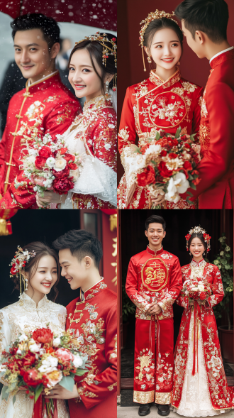 28岁中国新人，传统中式婚礼，红色喜字，传统婚服，鲜花，喜庆浪漫幸福，中式婚礼摄影，nelson wu，红色金色白色，高细节，传统元素，人物表情，中焦镜头，对称构图，柔和光线，微笑，手牵手，幸福洋溢。