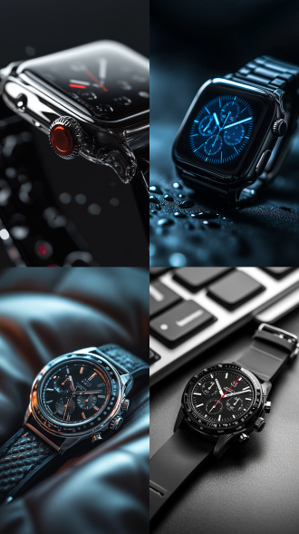 智能腕表，电商摄影，腕表盒配件，现代时尚科技感，清晰简洁，黑色银色亮色调，高细节，微距镜头，产品展示，功能突出，精致设计，专业灯光，焦点锐利，色彩鲜明，现代感，科技感，时尚感。