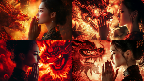 美丽女子侧脸，双手拍脸，愤怒中国龙背景，对称构图，高对比度，暗色调，长焦镜头，逆光，动态模糊，惊讶表情，红色龙鳞，金色眼睛，紧张氛围。