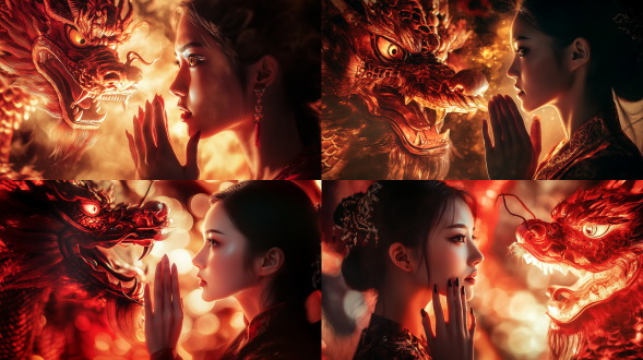美丽女子侧脸，双手拍脸，愤怒中国龙背景，对称构图，高对比度，暗色调，长焦镜头，逆光，动态模糊，惊讶表情，红色龙鳞，金色眼睛，紧张氛围。