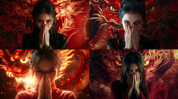 美女侧脸，双手捂脸，对称构图，愤怒的中国龙背景，高对比度，暗色调，长焦镜头，逆光，动态动作，惊讶表情，龙红色鳞片金色眼睛，紧张氛围。