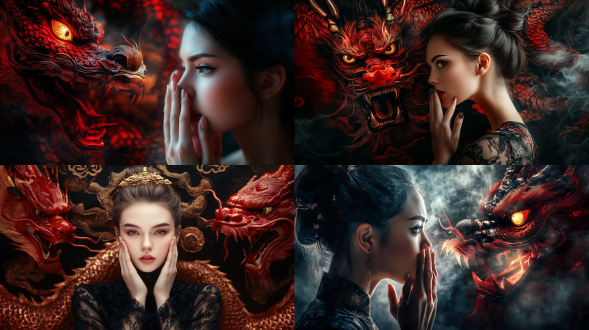 美丽女子侧脸，双手抚面，愤怒中国龙背景对称构图，高对比度，暗色调，50mm镜头，逆光，动态，惊讶表情，龙红鳞金眼，紧张氛围。