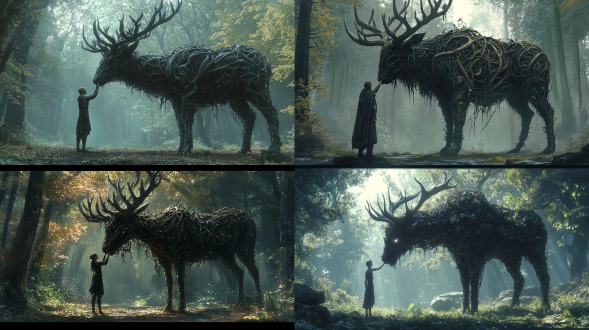 男性精灵触摸巨大黑鹿鼻尖，暗发精致盔甲，藤蔓荆棘构成鹿身，奇幻艺术风格，对称构图，森林深处，冷色调，长焦镜头，柔和侧光，神秘氛围，细腻纹理，敬畏情感。
