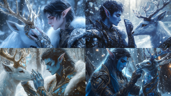 男性蓝皮黑发精灵，精致盔甲，触碰冰晶鹿角生物鼻尖，奇幻艺术风格，128:71比例，对称构图，冷色调，广角镜头，逆光，细腻纹理，神秘氛围，温柔表情，冰雪环境，梦幻光效。