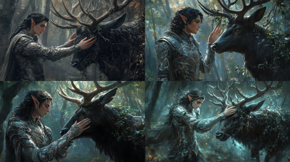 男性精灵，深色头发，精致银色盔甲，伸手触摸巨大黑森林鹿，鹿角和身体长满藤蔓，奇幻艺术风格，128:71比例，森林背景，柔和光线，细节丰富，神秘氛围，自然元素，银色与黑色对比，温柔表情，奇幻生物，梦幻色彩，和谐共存。