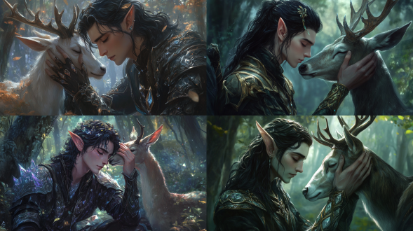 男性精灵，深色头发，苍白皮肤，冰晶盔甲，奇幻艺术风格，角色肖像，dungeons & dragons，森林生物，鹿或精灵，抚摸头部，细腻细节，冷色调，柔和光线，神秘氛围，魔法元素，超现实，梦幻，史诗感。