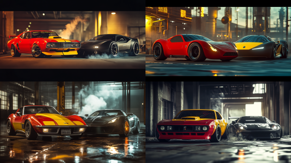 废弃工业区黄昏追踪，红色黄色美式肌肉车与全黑银轮现代超跑并排起点，车头向前，等待指示灯亮起，轮胎冒烟，相机从工业区靠近主体，对角线布局，高对比度，暖色调，广角镜头，侧光，快速快门，紧张，动感。