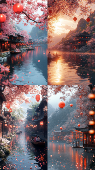 写实的cg渲染作品，描绘宋朝建筑的湖泊、宁静风景与樱花林，楼阁挂着红色灯笼，古代男女情侣站在船上，湖面落有樱花花瓣；温馨画面；采用体积光照效果；超广角镜头；8k