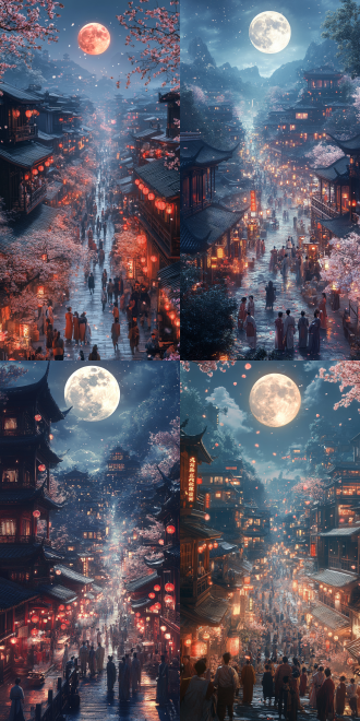 写实的cg渲染作品，描绘夜晚街道人来人往，街道两边是宋朝建筑，一轮圆月挂在天空，建筑挂满了喜庆的灯笼，宁静风景与樱花林，古代男女情侣站在高高的天桥上，樱花花瓣随风飘落，温馨画面；采用体积光照效果；居中构图；超广角镜头；8k；