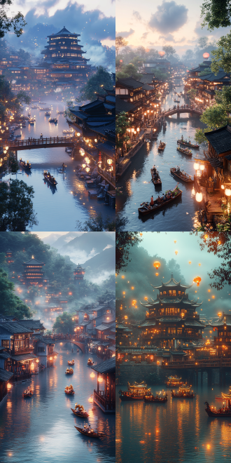 宋朝宫殿林立，云雾缭绕，大木桥横跨两岸，建筑挂满灯笼，中国式节日喜庆，湖中有装粽子的帆船上，一条金色的龙宫殿上，cg写实渲染，超高清画质，8k，全景拍摄，中心构图，超广角镜头，清晰细腻