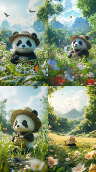 一支戴着草帽可爱毛茸茸的熊猫在绿色的一望无际的麦田里耕作，周围大树林立，小河流淌，鱼儿游来游去，蝴蝶趴在鲜花上，远处还有小鸟在飞，c4d设计，质感极致，立体设计，oc渲染，中心构图，超广角，大景，细腻，超高质量，纹理清晰，