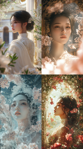 妇女节海报设计：亚洲女性，漂亮精致的五官，站在宫殿里，周围鲜花树木，仙气飘飘，人物小景大，c4d设计，海报设计，质感极致，立体设计，oc渲染，中心构图，超广角，大景，细腻，超高质量，纹理清晰，