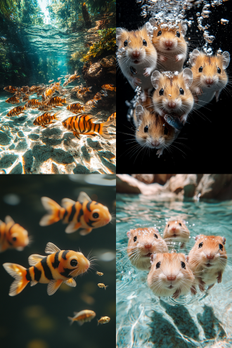 一群虎纹仓鼠在水下游泳，抓小鱼，居中构图，丁达尔效应，水波纹，细节饱满，微距镜头，顶光，慢快门，游动，灵动