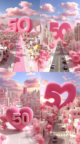 520情人节海报图，粉色的城市，十字路口有一个大爱心，520立体毛绒数字贴在地面，cg写实，全景，高质量画质