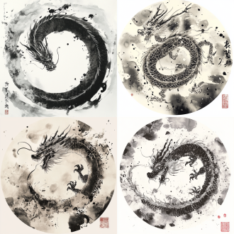 水墨泼彩团龙纹样，龙身成圆，黑白对称构图，宣纸质感，中国风，侧逆光，线条流畅，古朴典雅，对称布局，国画风格。