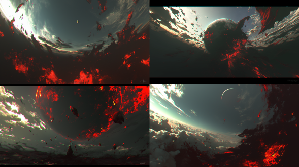 毁灭星球，中央构图，末日景象，宇宙背景，冷色调，长焦镜头，逆光，慢快门，尘埃，绝望。