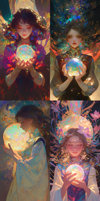 女孩拿彩虹水晶球，星云星系发，飘渺发丝，james jean artie galan风格，油画质感，发光生物，星空背景，柔和色彩，动画美学，神秘浪漫，3:4比例，细腻笔触，梦幻光影，宇宙元素，超现实，情感丰富。