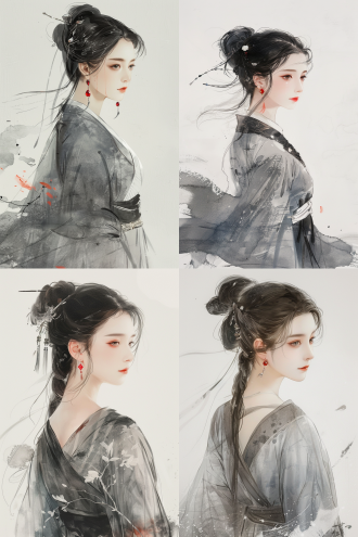 画卷卷轴，汉服美少女，盘发发簪，诱惑眼神，白皙皮肤，红宝石耳坠，飘逸裙子，纯白背景，静态拍摄，水墨画风格，超细节，超逼真，8k分辨率，高清晰度，细腻纹理，柔和光线，古典美学，东方韵味，优雅姿态，深情凝视，传统服饰，精致饰品，艺术感，文化传承。