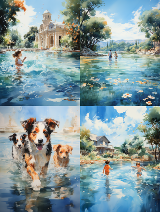 游泳池水面手绘画，细节玩水，柔和光线，水彩风格，细腻笔触，平静水面，儿童嬉戏，浅蓝调，欢乐氛围。