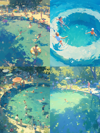 游泳池水面手绘画，细腻水波，儿童嬉戏，色彩鲜艳，水彩风格，阳光照射，广角镜头，逆光，动态模糊，欢快。