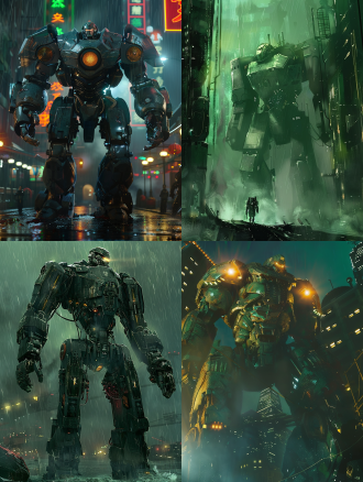 机甲，仰视，战损质感，环太平洋，金属质感，厚重感，电影质感，全身，压迫感，力量感，科幻风格，夜晚，海上，行走，冷色调，切尔诺阿尔法，绿色，背后是城市