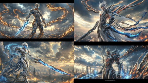 根据所给参考图片生成一张关于机甲战士的侧面图，背景是阴云密布的战斗过后的破败城市，雷雨交加，机甲战士的透露着红色的杀气，杀气从眼中散发出来，剑上散发着蓝红相间的剑气，周围是凶凶的大火