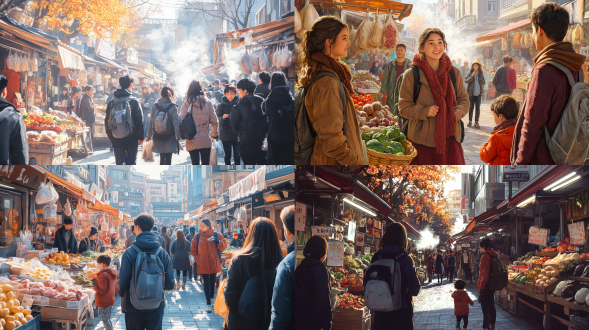 生动 又富有创意的插画，最佳画面质量，细致的构图与细节展现了菜市场的人间烟火气息的温暖与美丽，正确的人物比例，清晨，晨光明媚，好看的人物面貌和秋冬季着装，街道位于画面中心位置，两三个学生正对画面，侧视画面两边的摊铺，洋溢着幸福的笑容，背着书包，妇女牵着儿童的手，儿童开心地蹦蹦跳跳，邻居聚集在一起热情洋溢的说话，超高清，清晰的五官，禁止模糊的不清画面，人来人往，新鲜的蔬菜瓜果摆在地面上，吆喝着卖肉的卖家，热闹非凡，黄金分割比例式构图，两旁是店面和摊铺，空中弥漫着包子散发的白色蒸汽，柔和丰富的秋冬季金黄色温暖温馨的色调，层次感丰富的画面，开阔的画面布局