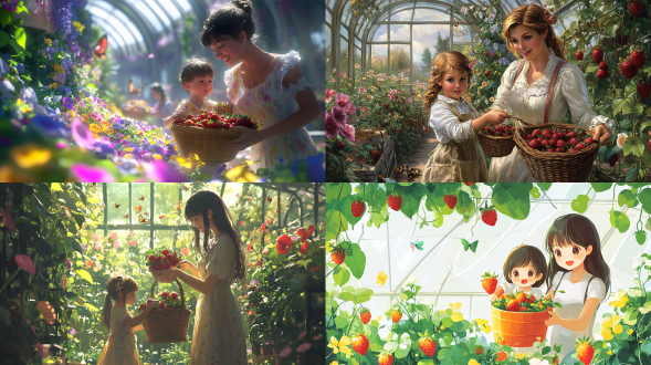 温室里，有花朵，有开满牵牛花的藤蔓，画面中心种植着一排生意盎然的草莓植物，妇女和孩童手持水果篮，正在开心地采摘草莓，小孩子五官可爱，妇女美丽，好看的着装，正确的人物比例，好看的颜色，最佳画面质量，蝴蝶在空中飞舞