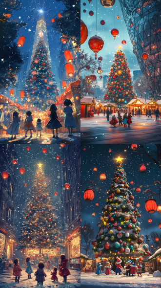 获奖画面，丰富的创意插画，大雪纷飞的夜晚，超现实未来科技感都市场景，画面中心是一个现代科技建筑内的花园里有一颗很高大的圣诞树上缀满了装饰性喜庆元素，如：水果、星星、五颜六色的糖果和可爱的娃娃，有一群可爱的小朋友在树的前面快乐地玩耍，喜庆的着装，漂浮在天空中的孔明灯和绽放的绚丽烟花，圣诞树非常美丽散发着温暖明亮的金黄色光芒，建筑上挂上了红灯笼，丰富的画面细节，最佳的画面质量，超高清，正确的小孩比例，好看的小孩面貌，逼真
