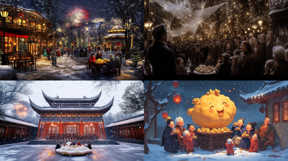 雪夜，雪花在空中飞舞，绚丽的烟花在夜空中绽放，画面采用细致的构图与细节，黄金分割比例式构图，画面中央是一个巨大的饺子做成的露天建筑，建筑上有一个幸福的家庭男女老少坐在建筑上吃饺子，灯笼元素，古建筑场景，天台，高角度，微俯视，最佳画面质量，温馨有爱的温暖氛围，金黄色和红色色调，正确的人物比例，好看清晰的人物五官，3d，c4d，最佳画面质量，超清，丰富的画面细节，好看的画面颜色