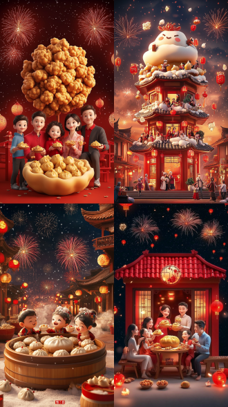 雪夜，雪花在空中飞舞，绚丽的烟花在夜空中绽放，画面采用细致的构图与细节，黄金分割比例式构图，画面中央是一个巨大的饺子做成的露天建筑，建筑上有一个幸福的家庭男女老少坐在建筑上吃饺子，灯笼元素，古建筑场景，天台，高角度，微俯视，最佳画面质量，温馨有爱的温暖氛围，金黄色和红色色调，正确的人物比例，好看清晰的人物五官，3d，c4d，最佳画面质量，超清，丰富的画面细节，好看的画面颜色