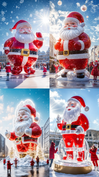 清澈的蓝天，冬日下雪的场景，俄罗斯式欧式风情建筑街道场景，画面中央是一个可爱的巨大的，穿着红色衣服，带有红色帽子，白胡子可爱慈祥的圣诞老人艺术装置，胖胖的圣诞老人给站在地面上的可爱的孩子们一种喜庆感，孩子们喜庆的华丽的冬日着装，围着圣诞老人跳跃，行人来来往往，热闹温暖的画面氛围，太阳，自然光线，白云，雪花，丰富的节日装饰元素，丰富好看的画面颜色，壁纸级获奖画面，最佳画面质量，黄金分割式构图，超清