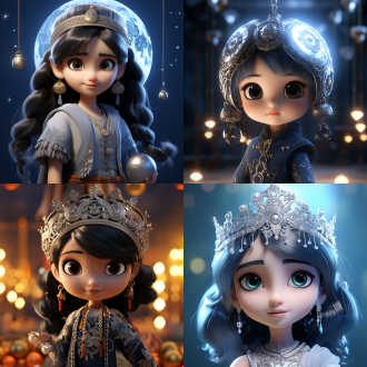 黑色柔滑的头发，超可爱的女孩，苗族藏蓝华丽的衣服，脖子上挂着银色的月亮吊坠， 流行的 bubble mart 风格， 精致靓丽的五官， 3d、c4d、 戴着苗族女子的银质头饰， 卡哇伊， 皮克斯动画风格、 oc 渲染，超细腻的角色细节， 阳光明媚，柔和的光线， 16k，荒诞，最佳画质， niji5，微笑的表情，甜美的，